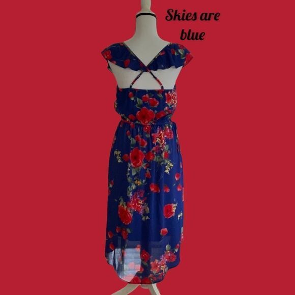 SKIES ARE BLUE NWT DRESS FLORAL PRINT WRAP RUFFLED SPAGHETTI STRAPS SMALL COBALT - Picture 7 of 13